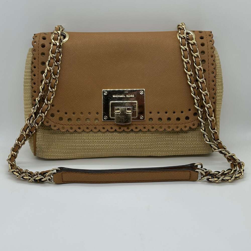 Michael Kors Vivian Tan Leather & Rattan Crossbody Purse - Picture 2 of 15